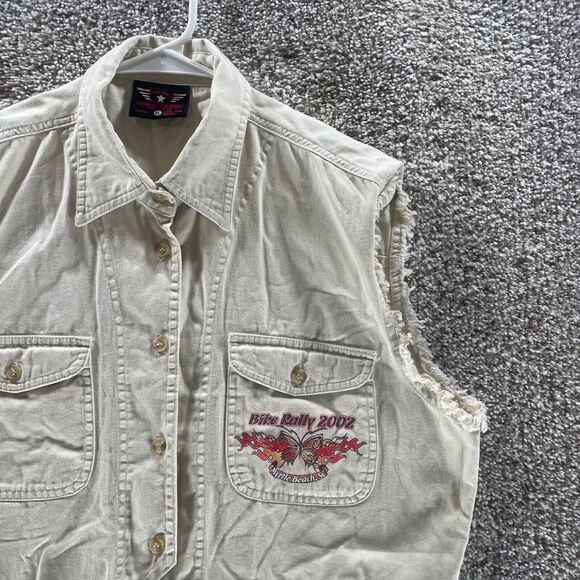 Vintage Bikers World Vest Womens XL Tan Bike Rally 2002 Logo Myrtle Beach SC Y2K - Picture 5 of 14